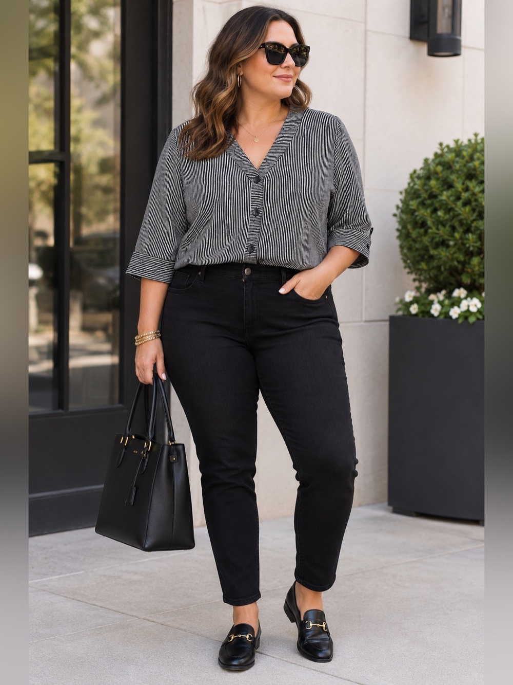 Reitmans Black Pinstripe V-Neck Blouse - Black & White
